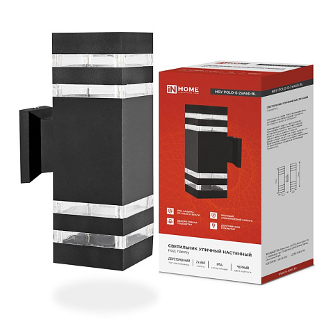 Светильник уличный настенный InHome POLO-S-BL 2xЕ27 IP54 300x90х140мм металл черный купить в СОМ